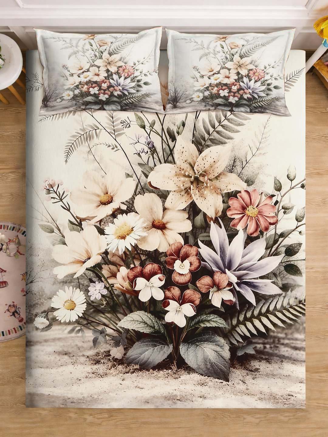 Multi Digital Floral Printed Cotton Blend Fitted Double Bedsheet with 2 Pillow Covers