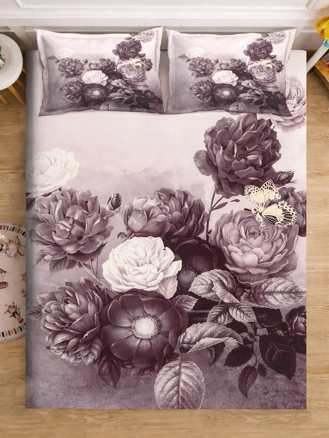 Wine Digital Floral Printed Cotton Blend Fitted Double Bedsheet with 2 Pillow Covers