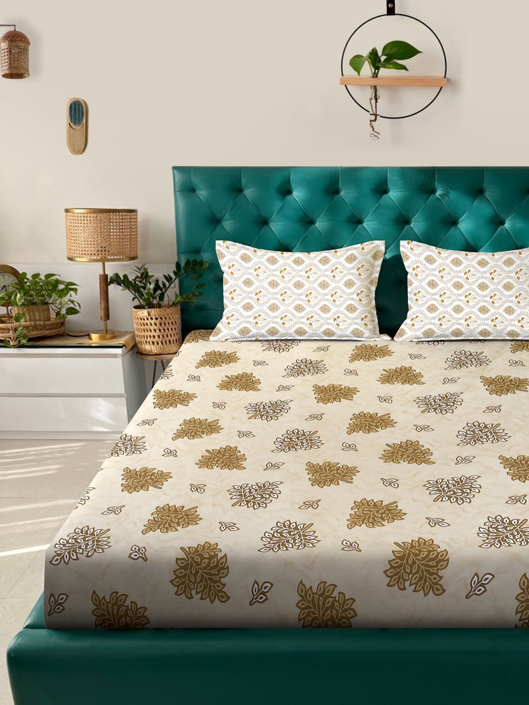Yellow Floral 400 TC Pure Cotton Fitted Double Bedsheet with 2 Pillow Covers