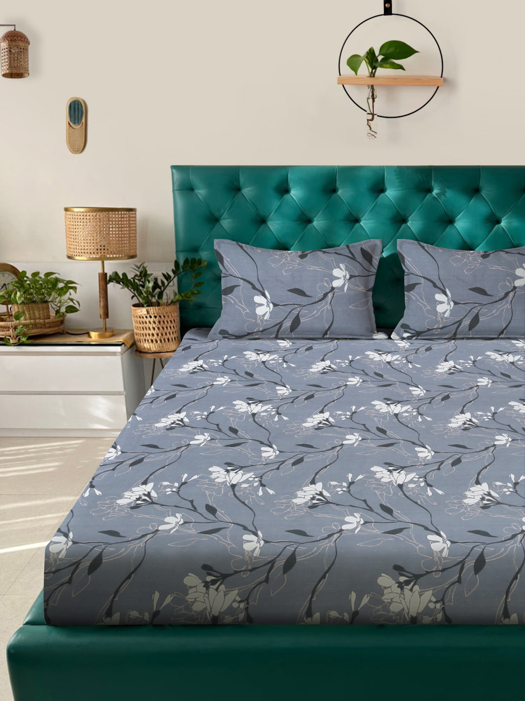 Klotthe Grey Floral 300 TC Cotton Blend Fitted Super King Double Bedsheet in Book Fold Packing