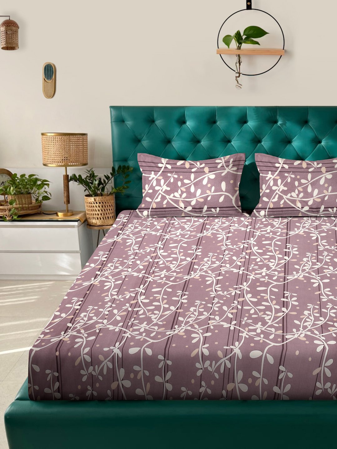 Purple Floral  300 TC Cotton Blend Fitted Double Bedsheet with 2 Pillow Covers