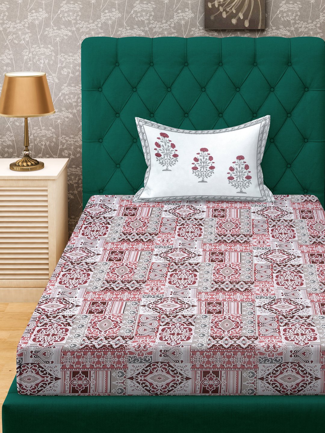 Red Ethnic Motifs 400 TC Pure Cotton Fitted Single Bedsheet with Pillow Cover