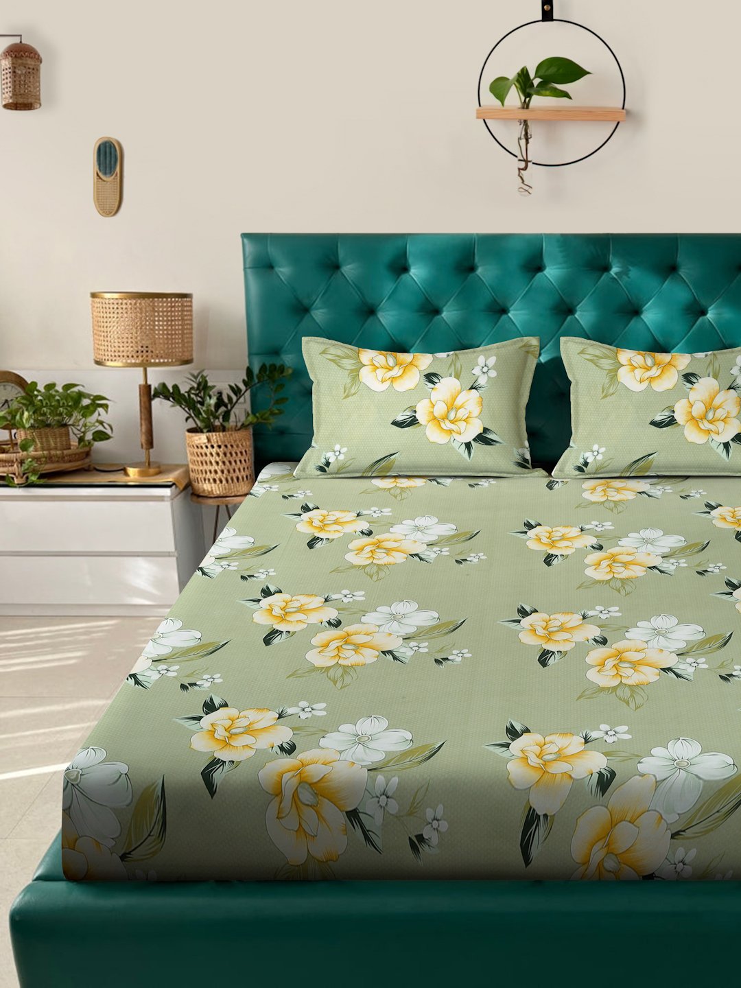 Green Floral  300 TC Cotton Blend Double Bedsheet in Book Fold Packing