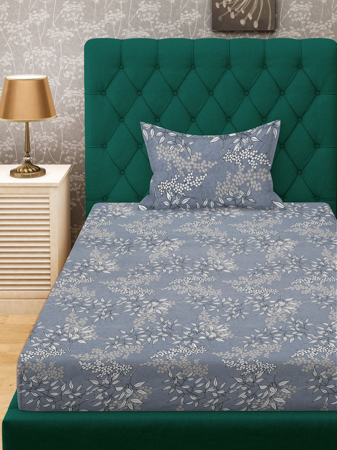 Grey Floral 300 TC Cotton Blend Single Bedsheet in Book Fold Packing