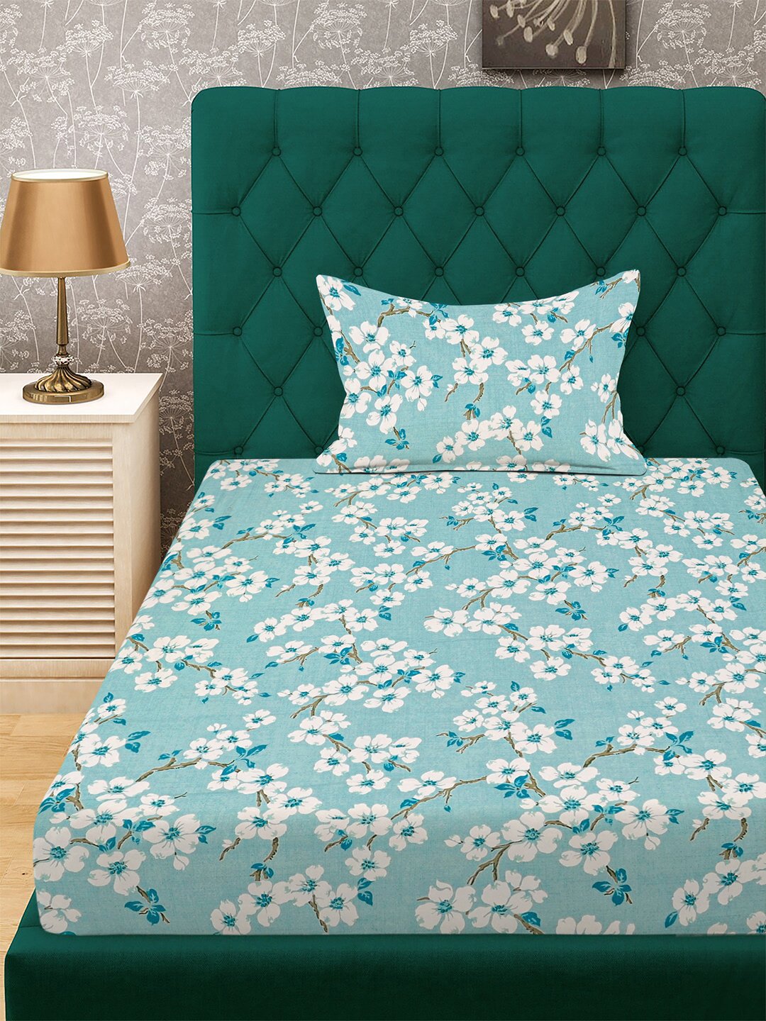 Green Floral 300 TC Cotton Blend Fitted Single Bedsheet with Pillow Cover