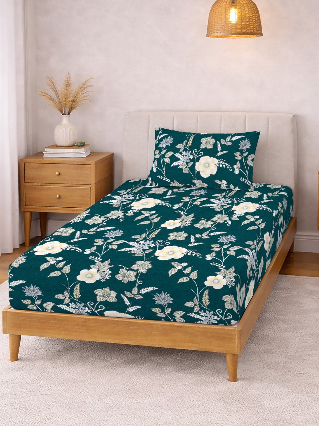 Green Floral Cotton Blend Fitted Single Bedsheet with Pillow Cover