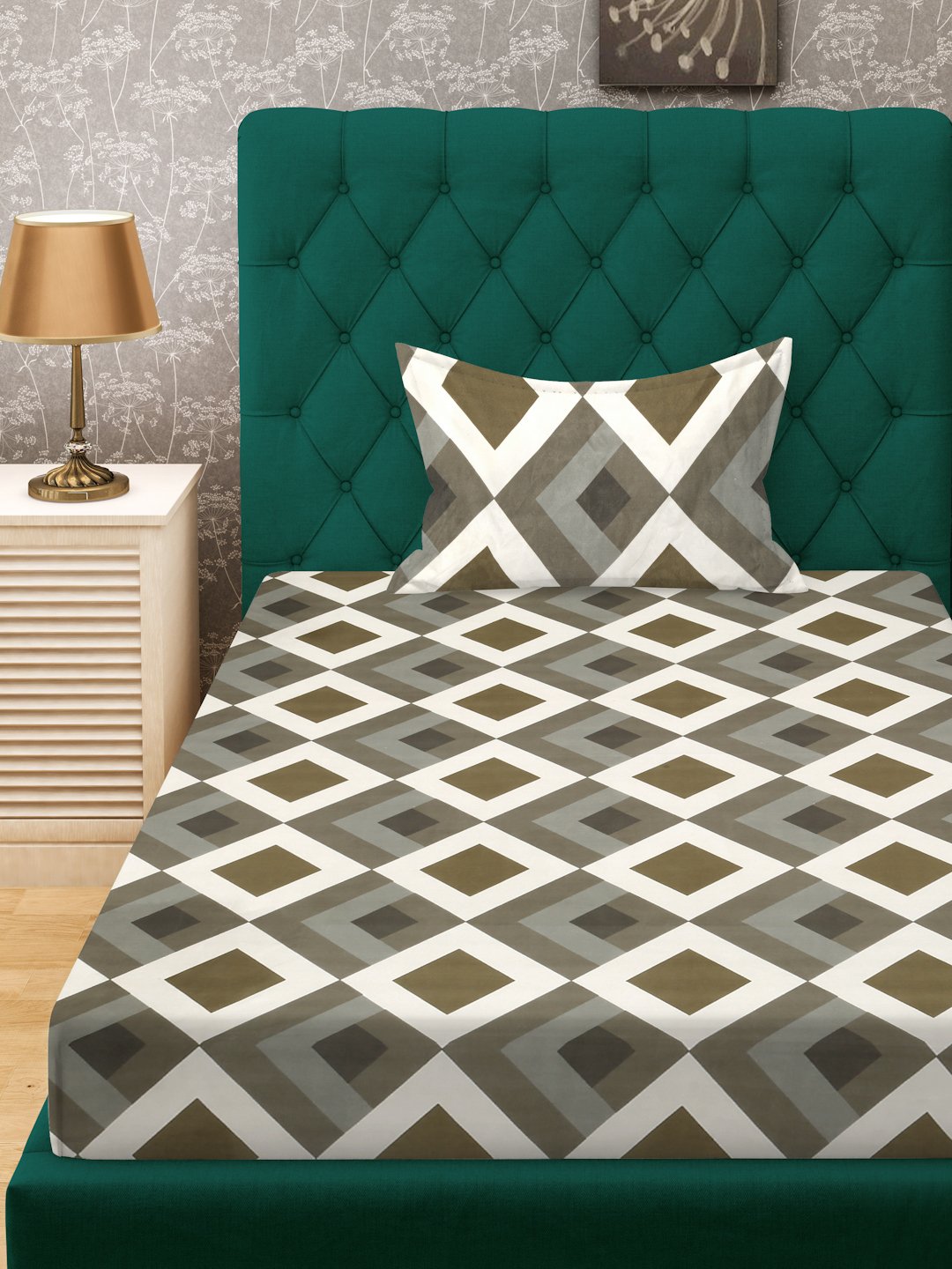 Multi Geometric 300 TC Cotton Blend Fitted Single Bedsheet with Pillow Cover
