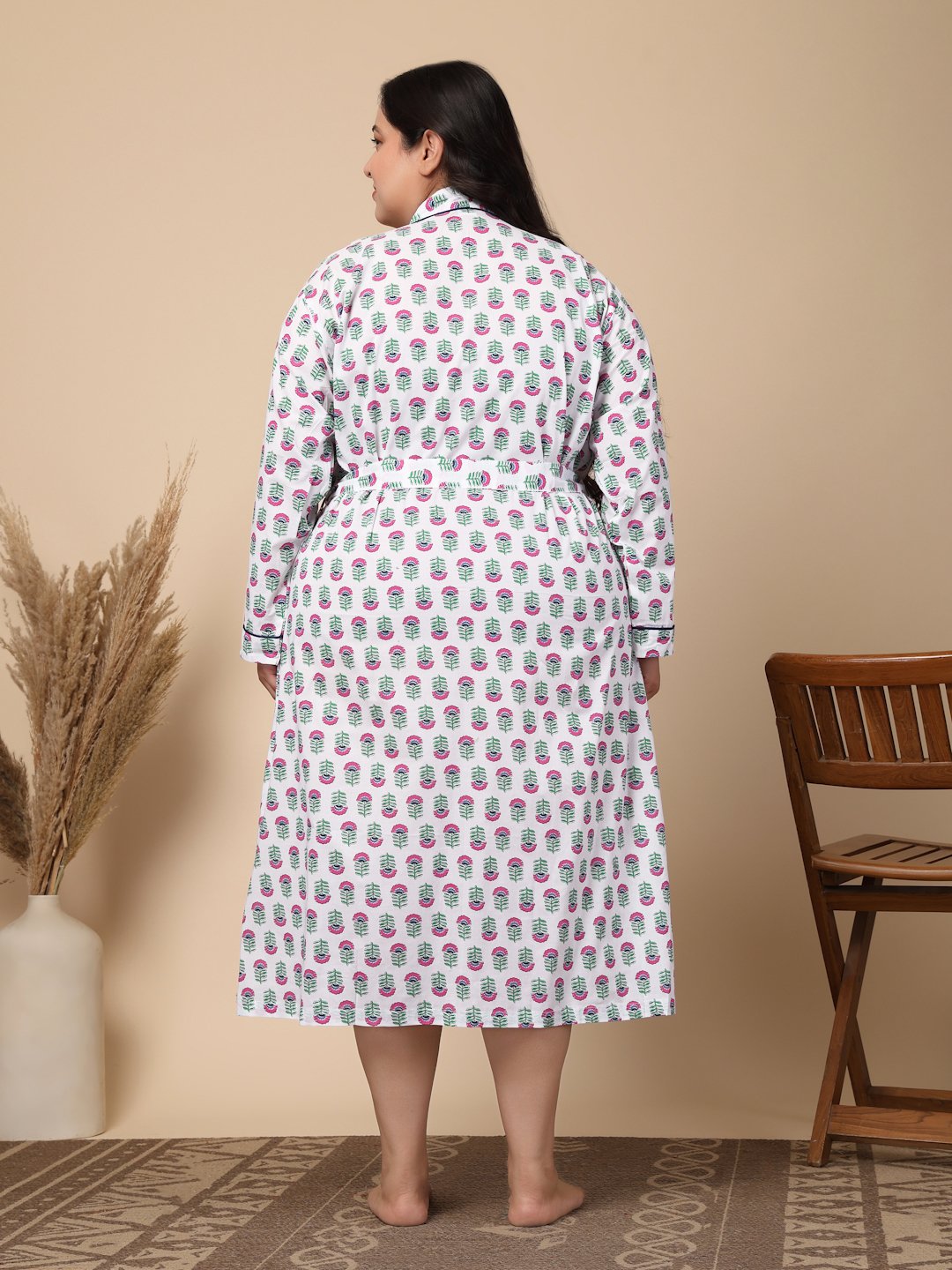 Women Printed White Floral Plus Size Pure Cotton Bath Robe With Belt