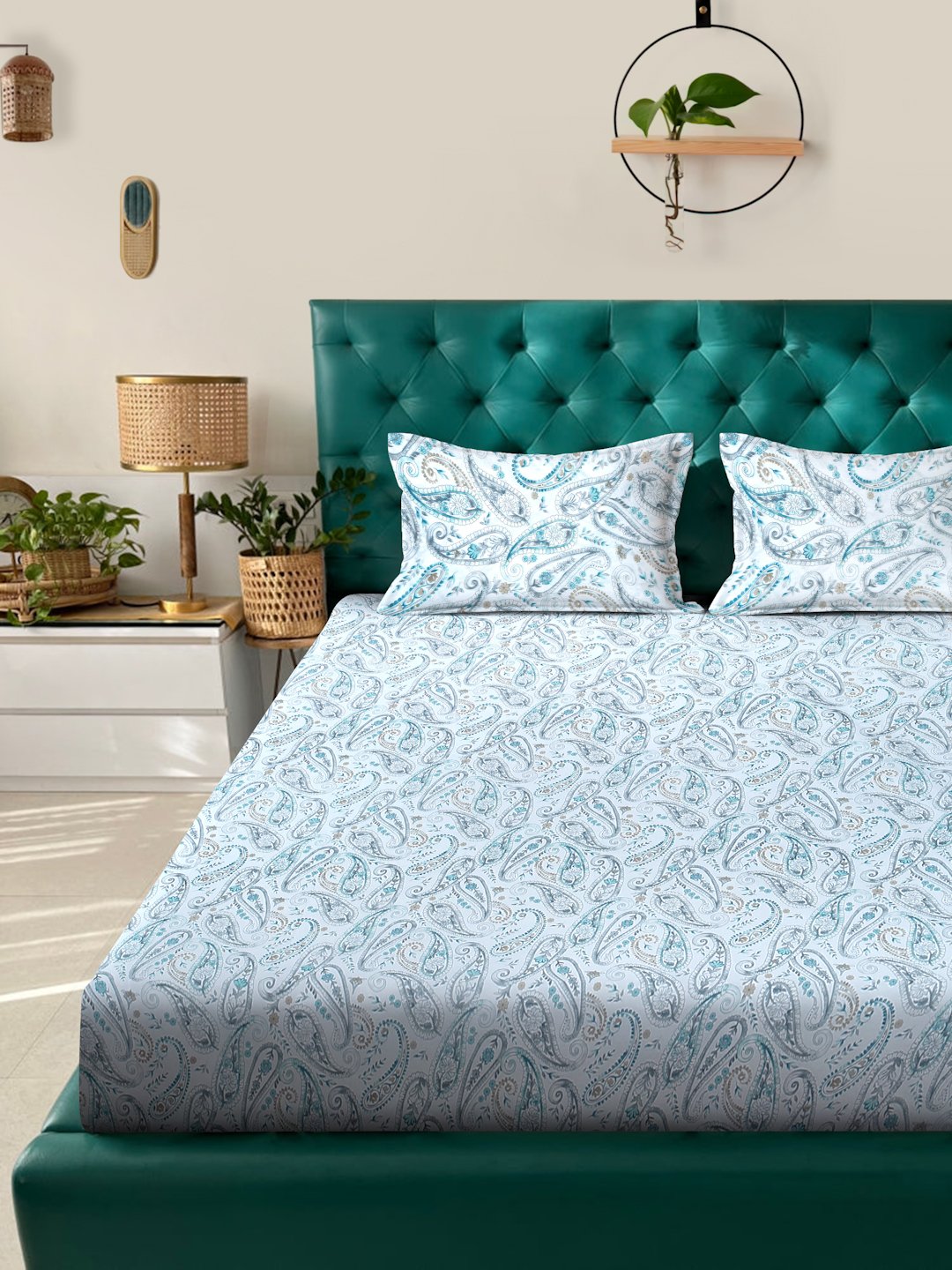 Blue Floral 400 TC Pure Cotton Fitted Double Bedsheet with 2 Pillow Covers