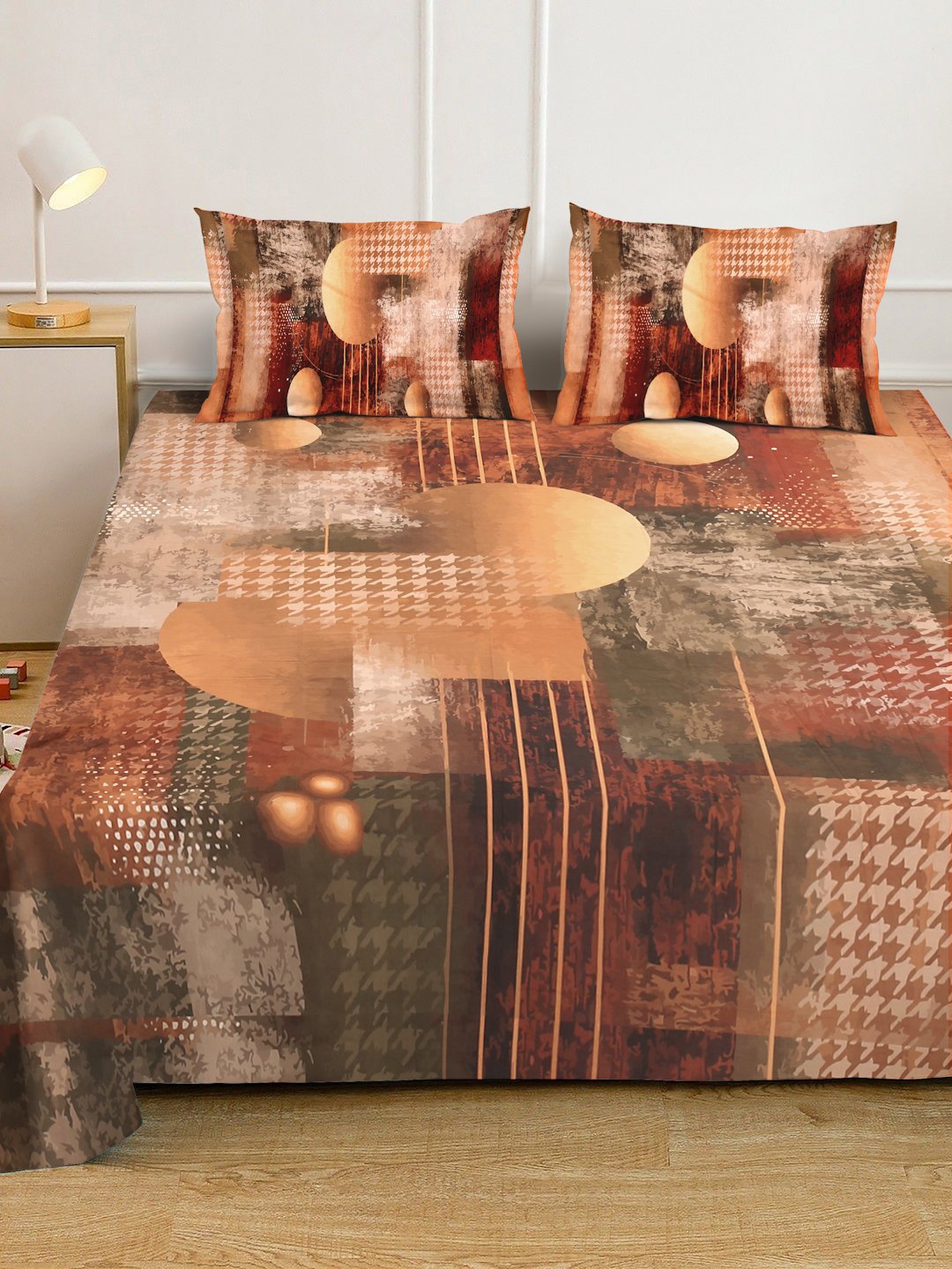 Brown Digital Geometric Printed Cotton Blend Double Bedsheet with 2 Pillow Covers