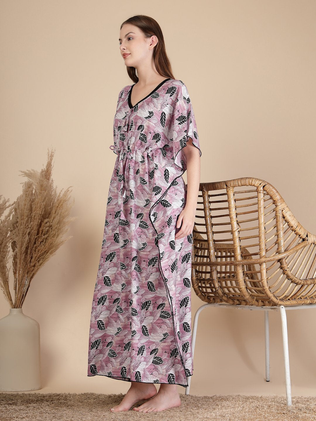 Pink Floral Cotton Blend Kaftan Maxi Nightdress