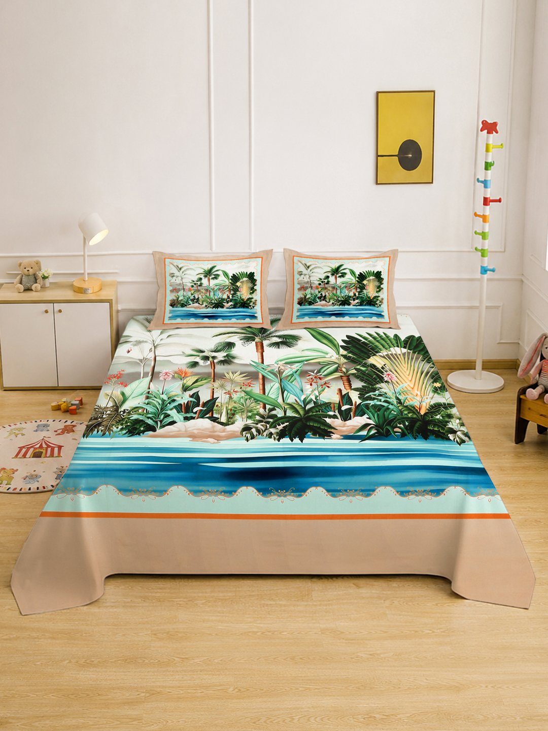 Digital Multi Floral Cotton Blend Fitted Double Bedsheet with 2 Pillow Covers
