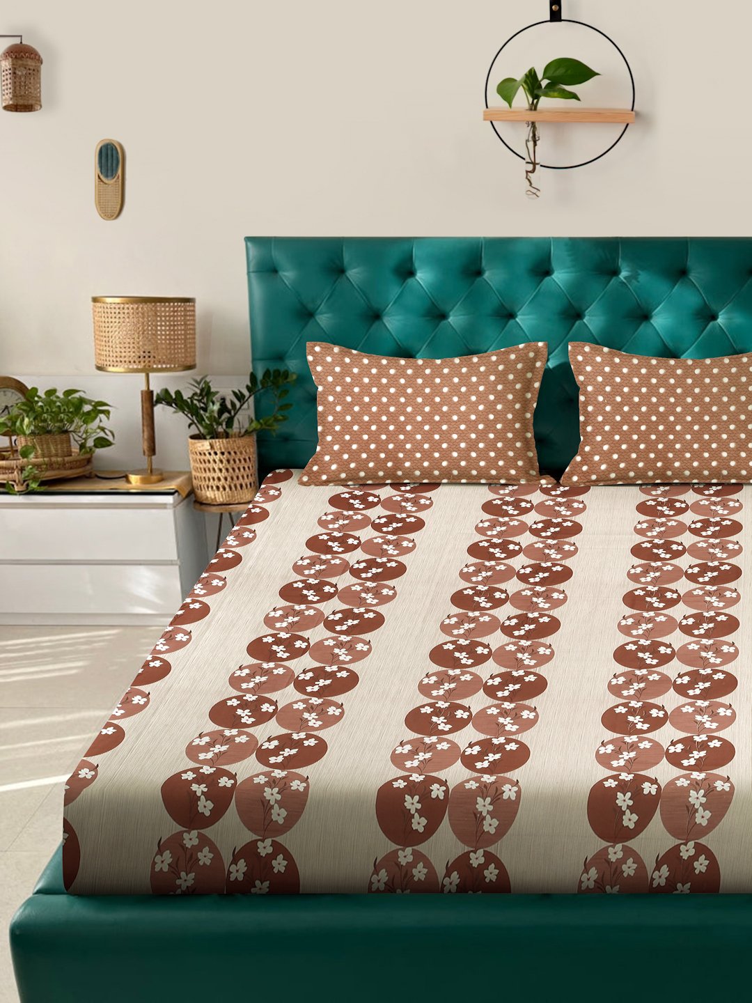 Brown Floral 400 TC Pure Cotton Fitted Double Bedsheet with 2 Pillow Covers