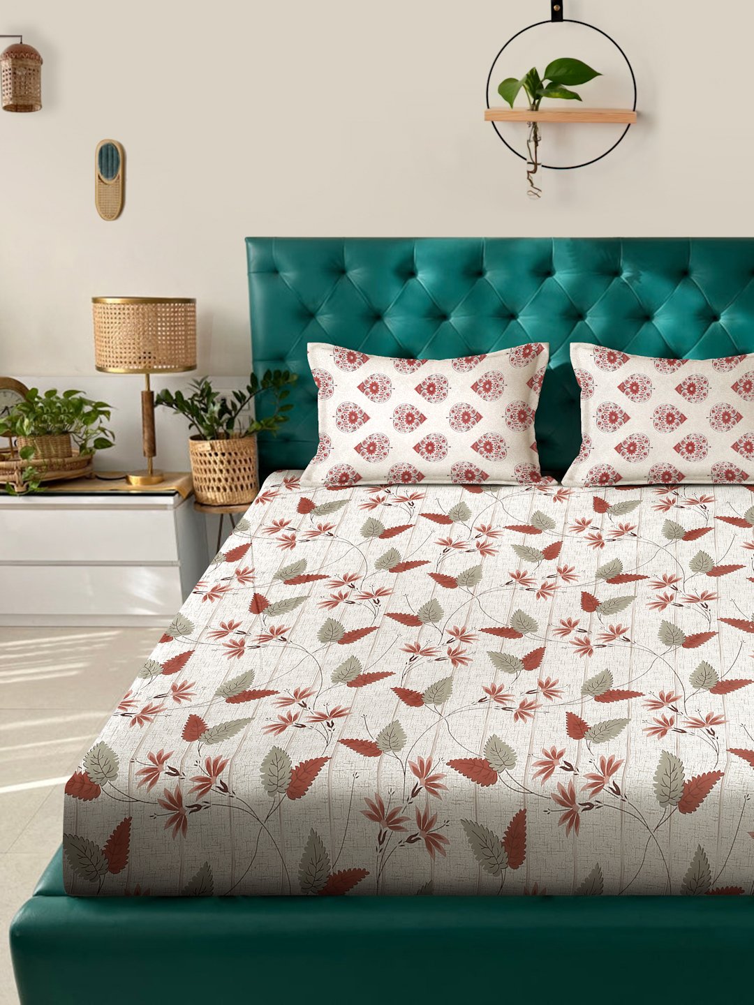 Beige Floral 400 TC Pure Cotton Double Bedsheet with 2 Pillow Covers