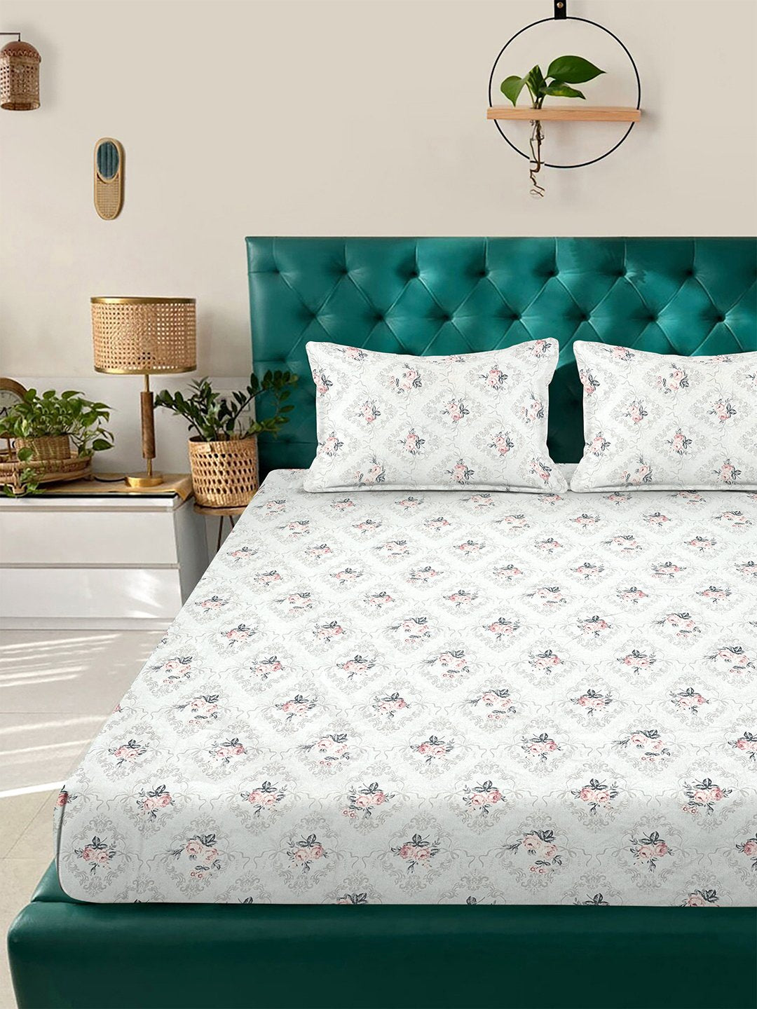 Cream Floral 300 TC Cotton Blend Double Bedsheet with 2 Pillow Covers