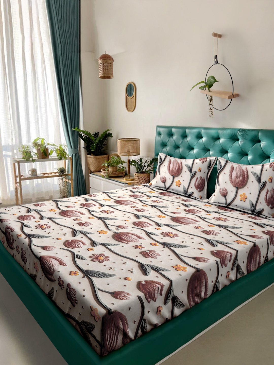 Cream Floral 7D King Size Cotton Blend Double Bedsheet with 2 Pillow Covers