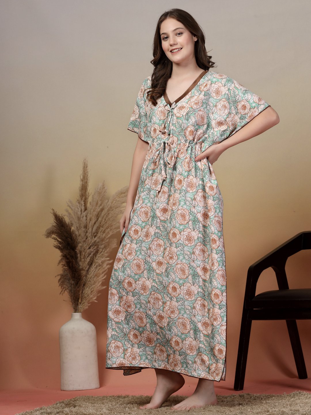 Green Floral Cotton Blend Kaftan Maxi Nightdress