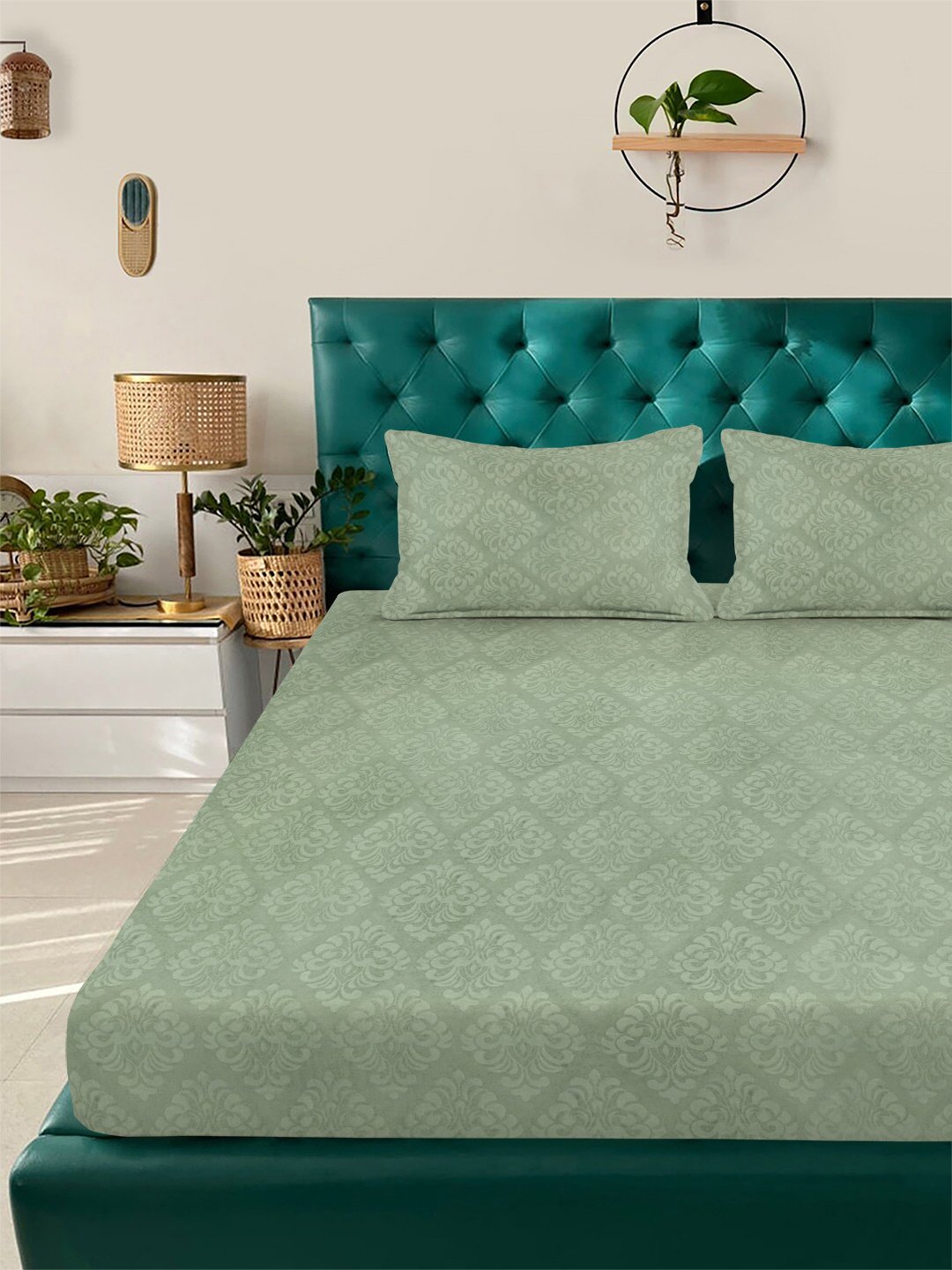 Green Floral Embossed Cotton Blend Fitted Double Bedsheet with 2 Pillow Covers