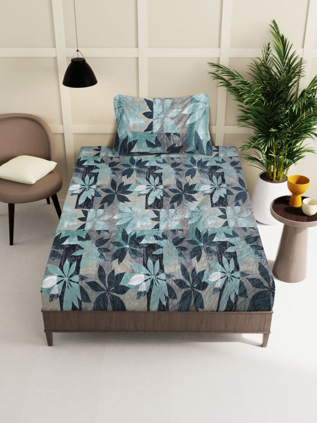 Klotthe Green Floral Woolen Single Bed Sheet with Pillow Cover
