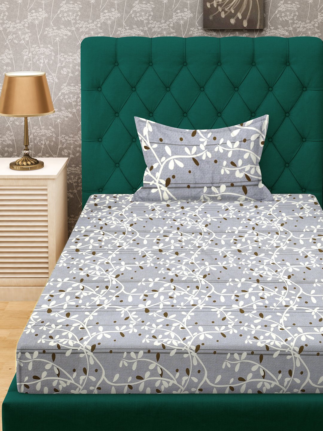 Grey Floral 300 TC Cotton Blend Fitted Single Bedsheet in Book Fold Packing
