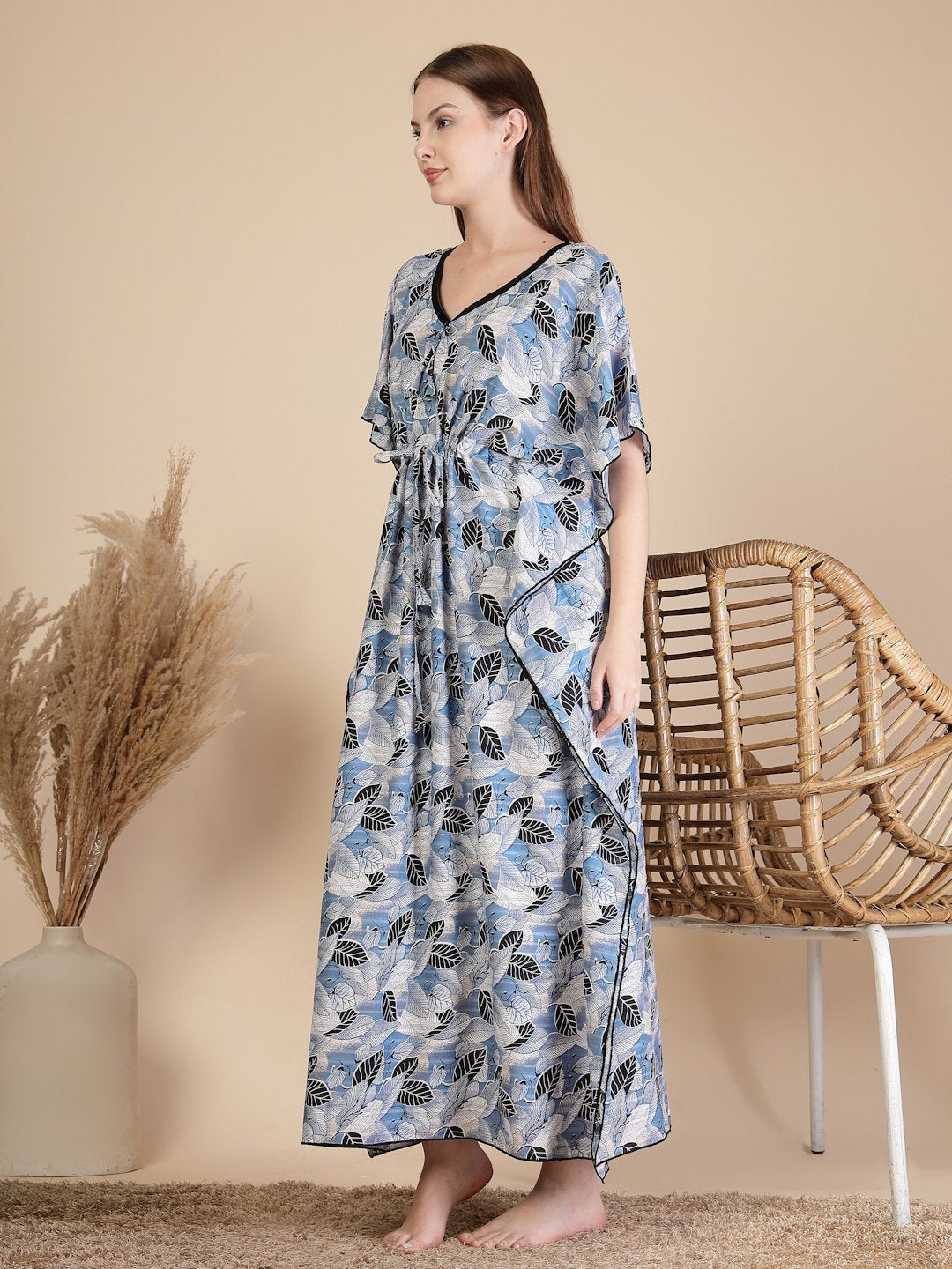 Blue Floral Cotton Blend Kaftan Maxi Nightdress