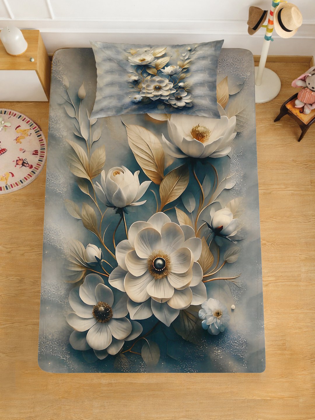 Multi Digital Floral Printed Cotton Blend Single Bedsheet with Pillow Cover