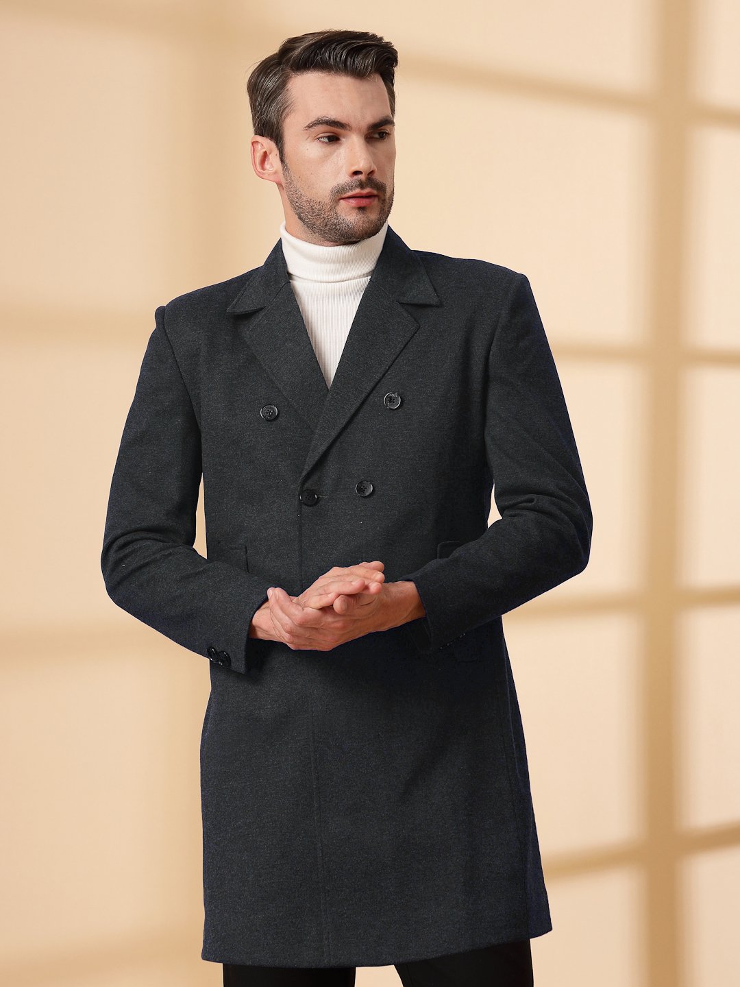 Dark Grey Long Sleeve Double-Breasted Woolen Coat