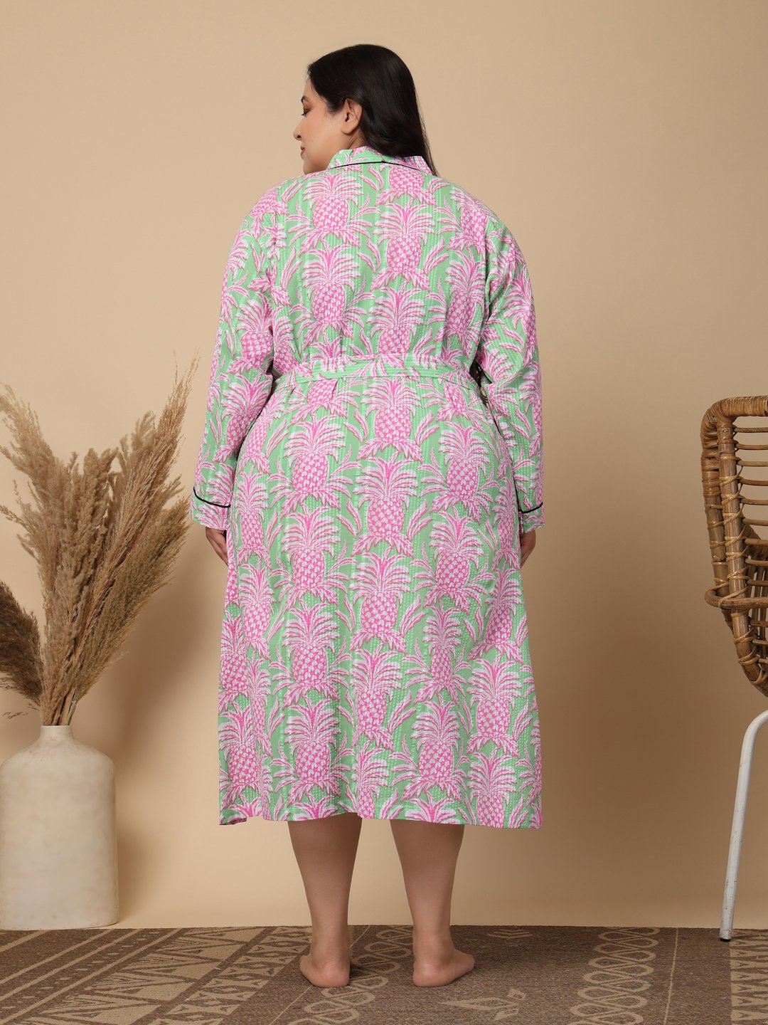 Women Printed Green Floral Plus Size Pure Cotton Bath Robe With Belt