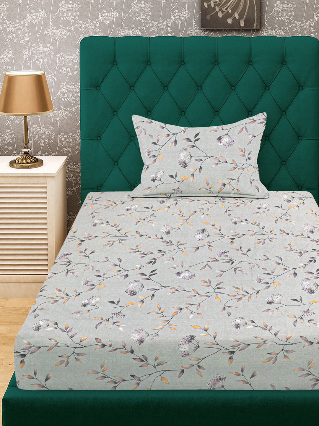 Grey Floral 300 TC Cotton Blend Single Bedsheet with Pillow Cover