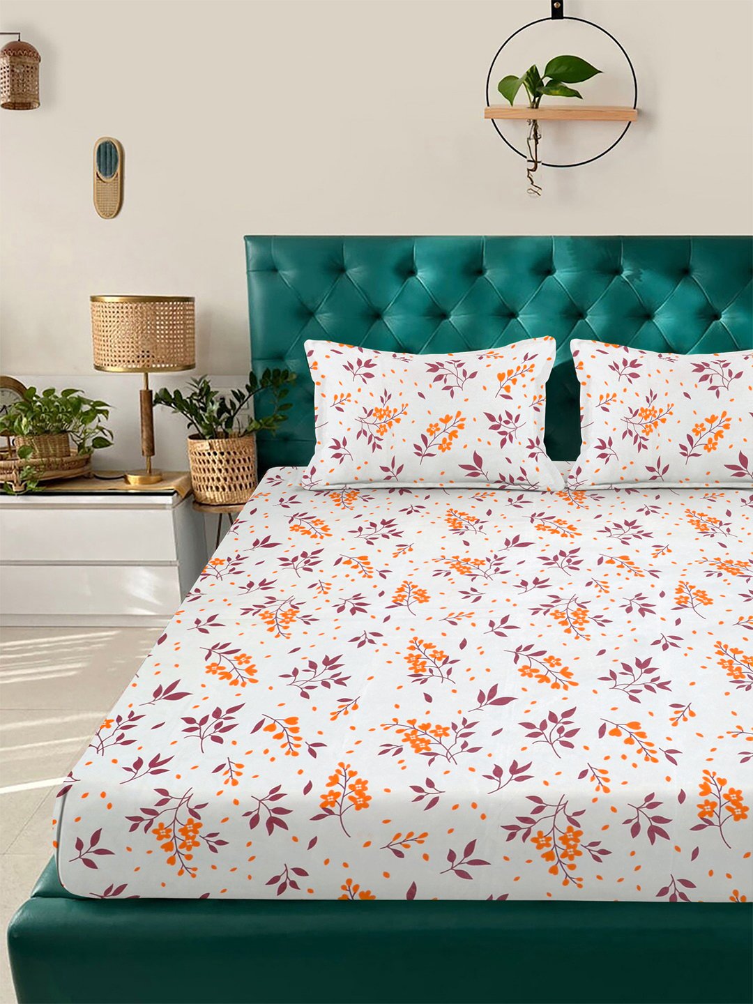 White Floral 300 TC Cotton Blend Double Bedsheet with 2 Pillow Covers