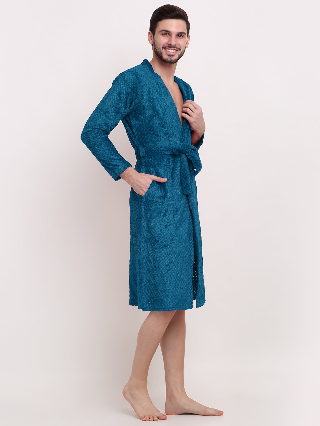 Men Blue Self Design Wool Bath Robe With Belt