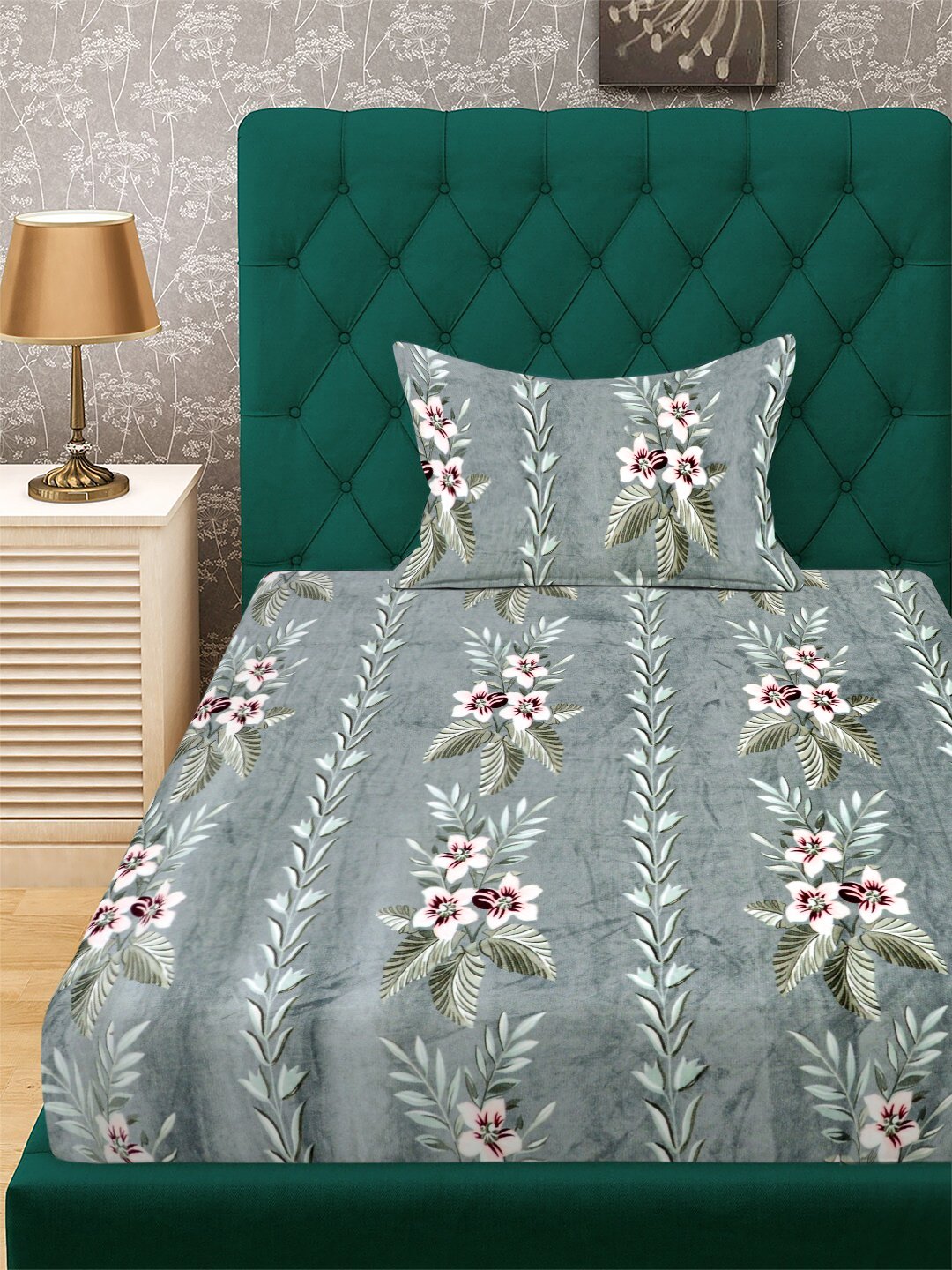 Green Floral Woolen Single Bedsheet with Pillow Cover