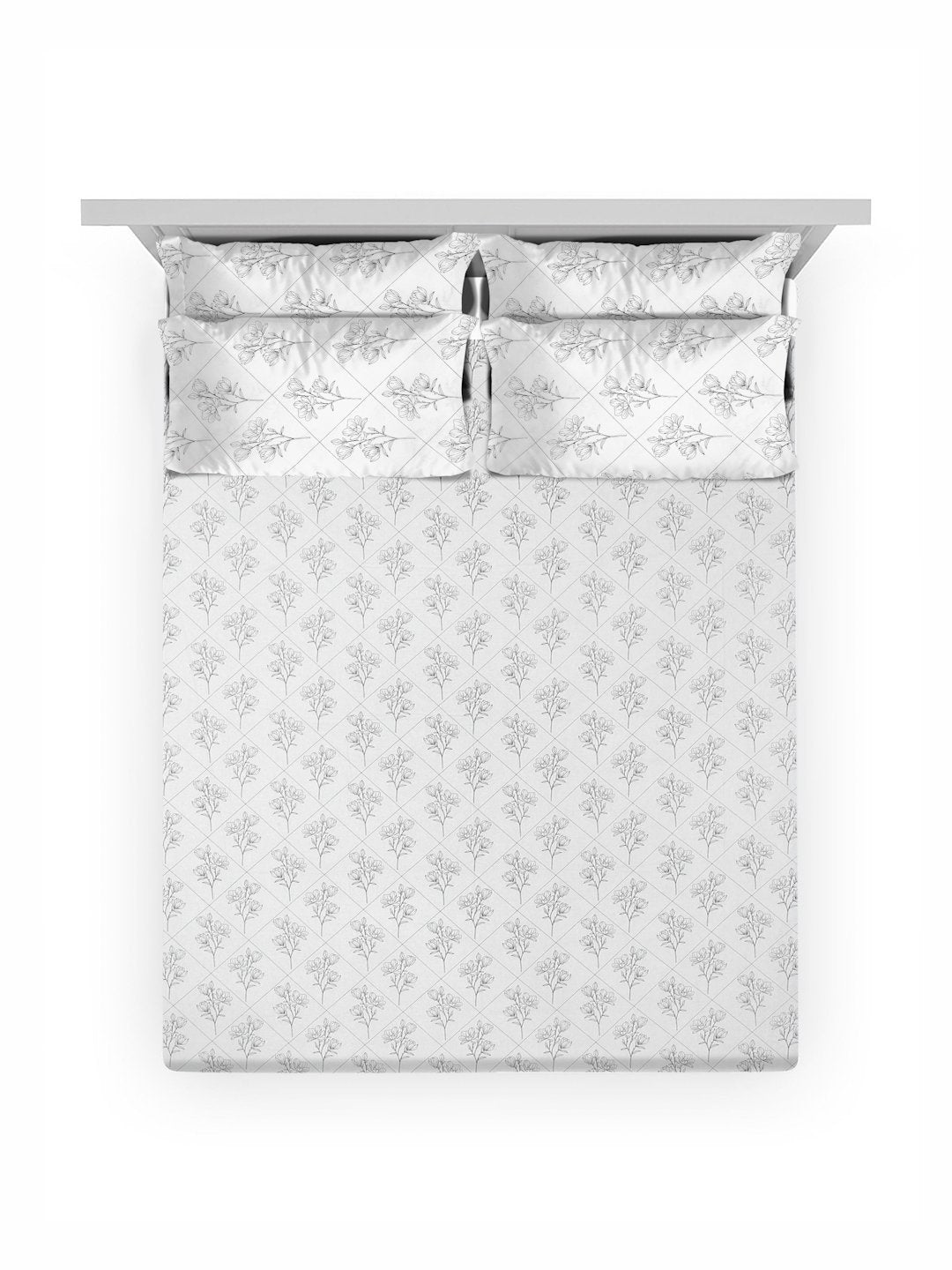 OffWhite Floral 400 TC Pure Cotton Super King Double Bedsheet with 4 Pillow Covers