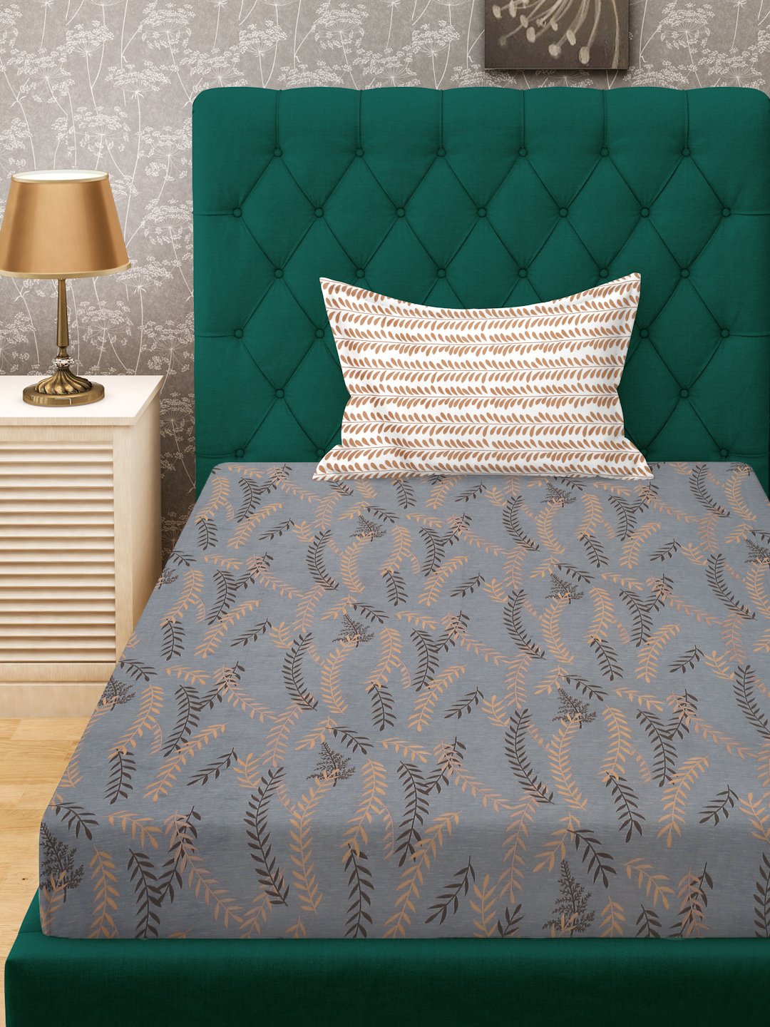 Grey Floral 300 TC Cotton Blend Fitted Single Bedsheet in Book Fold Packing