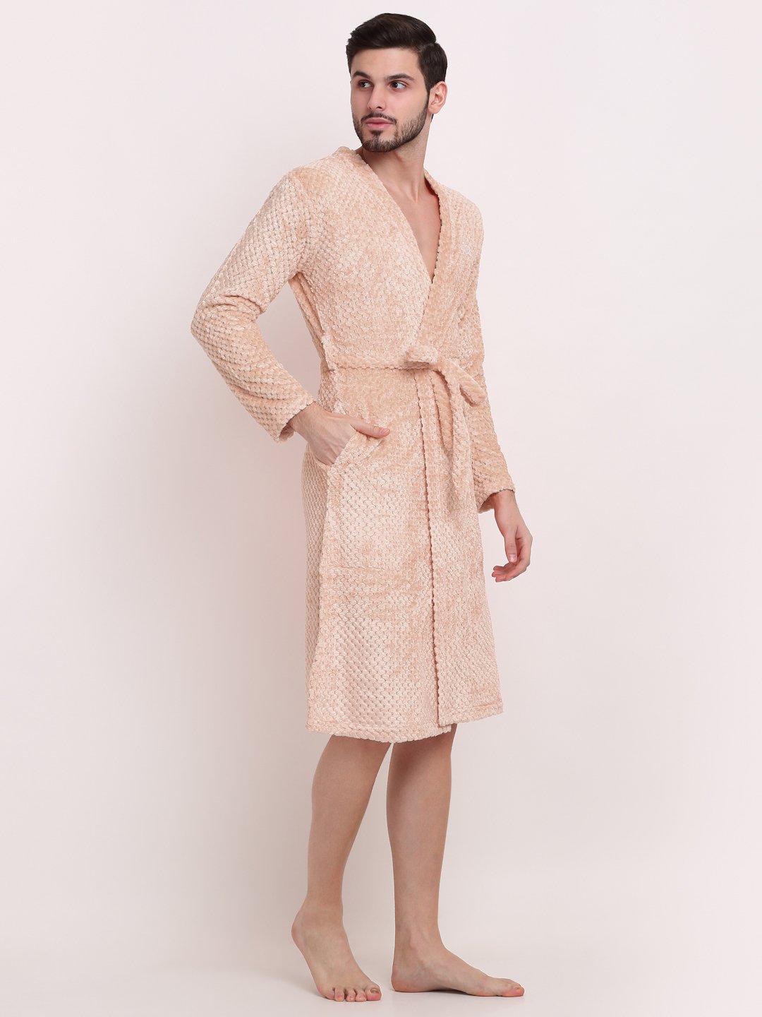 Men Peach Self Design Wool Bath Robe With Belt