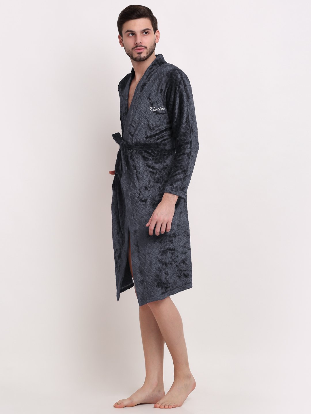 Men Grey Self Design Wool Bath Robe With Belt