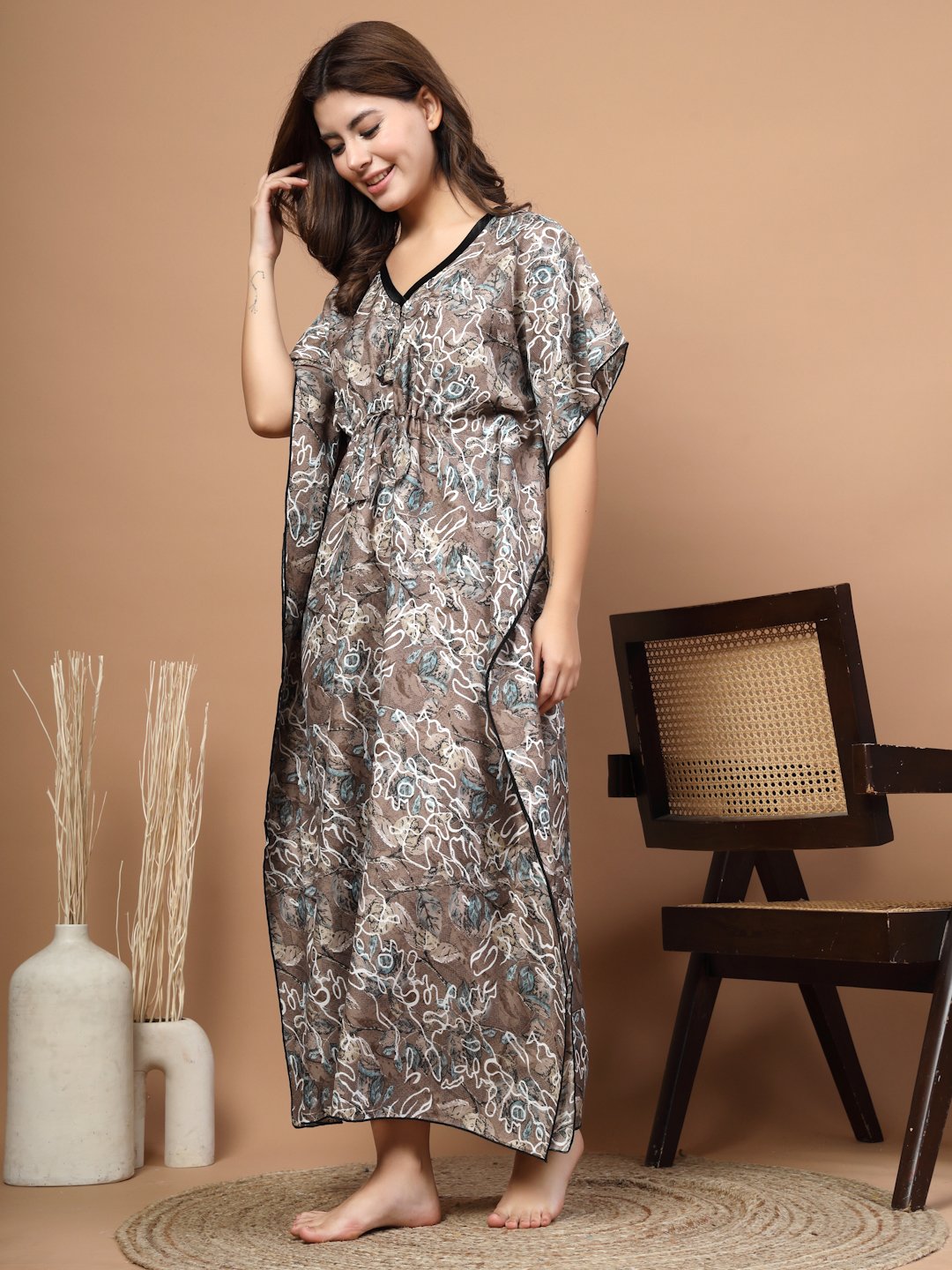 Brown Floral Cotton Blend Kaftan Maxi Nightdress