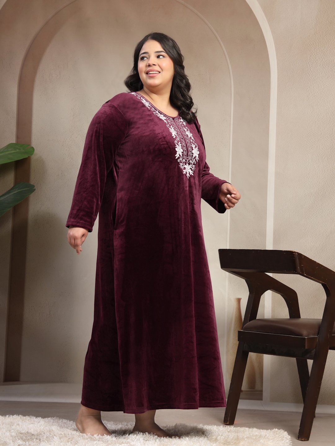 Klotthe Wine Solid Soft touch Velvet Maxi Nightdress