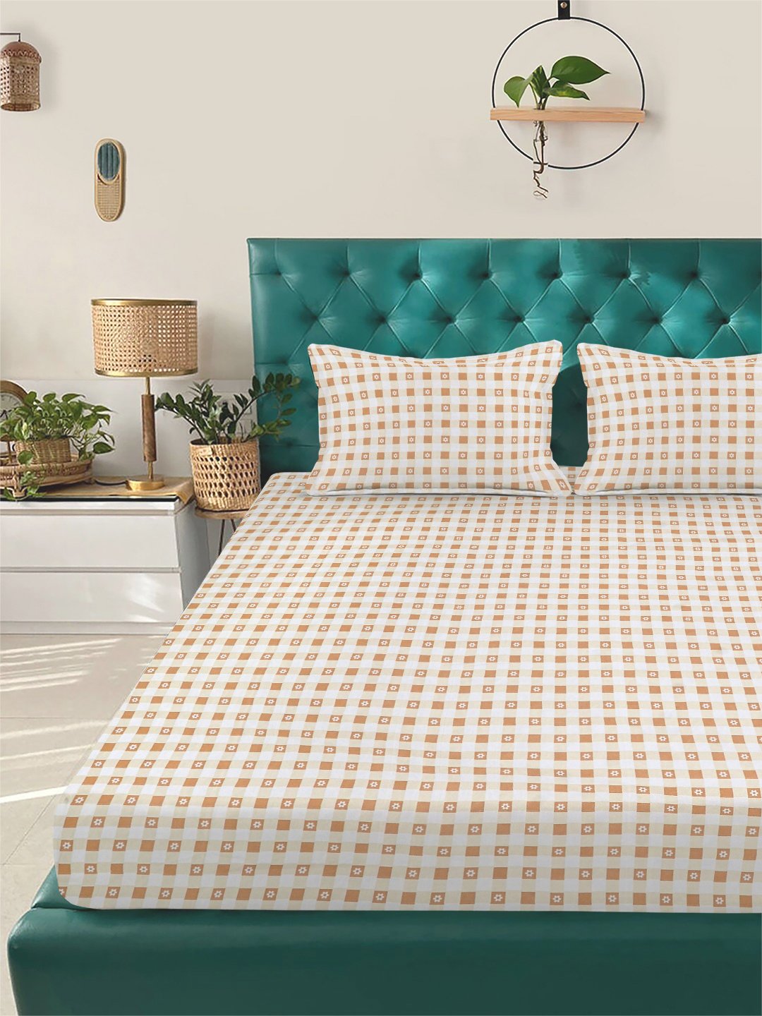 Beige Geometric 300 TC Cotton Blend Double Bedsheet with 2 Pillow Covers