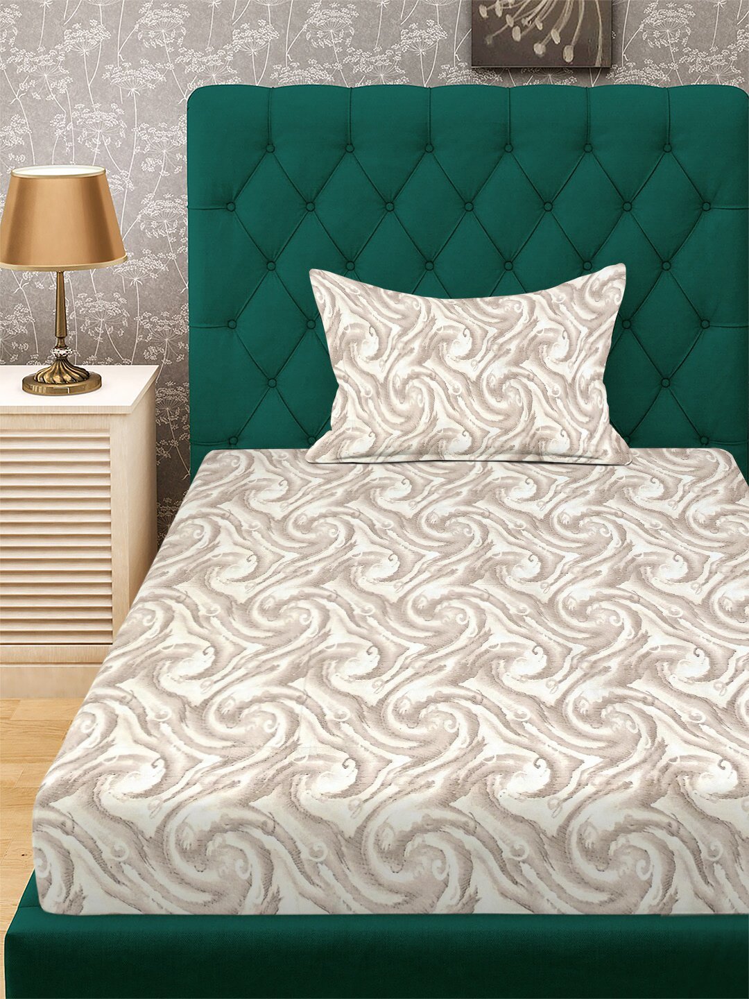 Beige Abstract 300 TC Cotton Blend Fitted Single Bedsheet with Pillow Cover