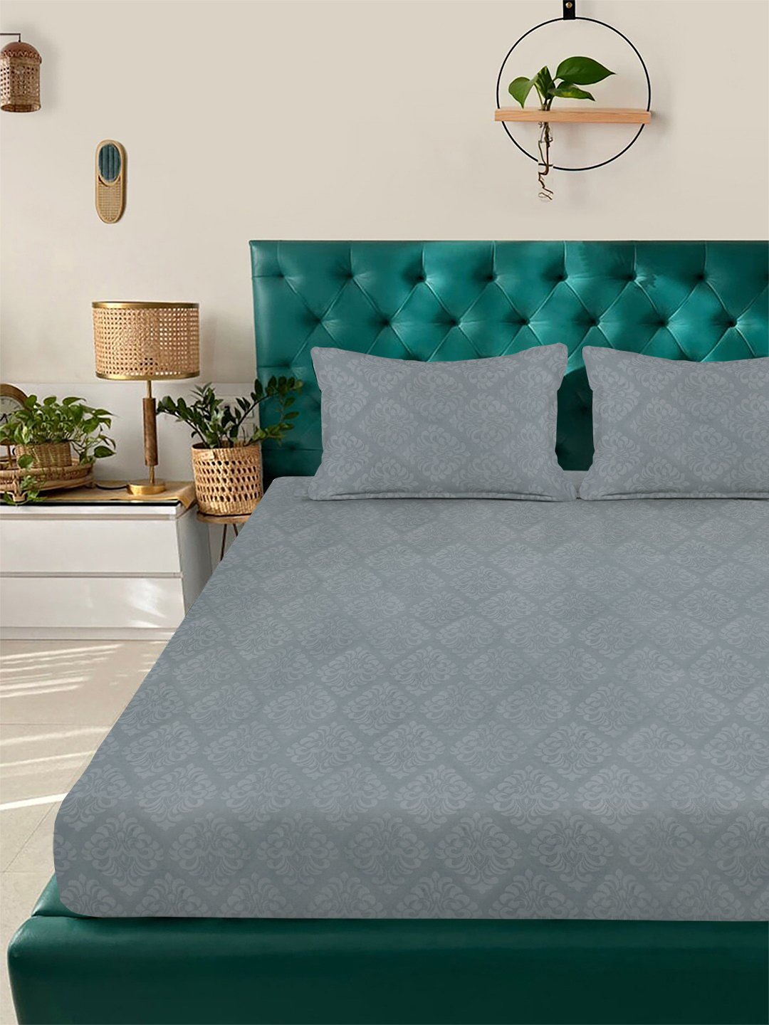 Grey Floral Embossed Cotton Blend Double Bedsheet with 2 Pillow Covers