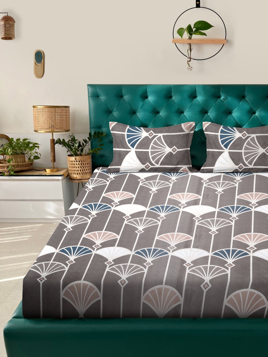 Book Fold Brown Floral 300 TC Cotton Blend Fitted Double Bedsheet with 2 Pillow Covers