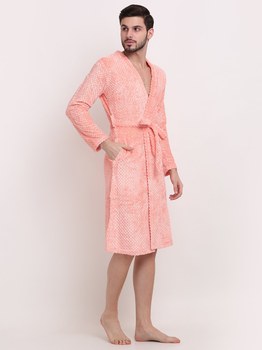Men Orange Self Design Wool Bath Robe With Belt