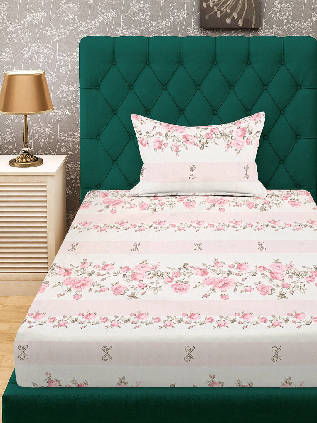 Pink Floral 300 TC Cotton Blend Fitted Single Bedsheet with Pillow Cover