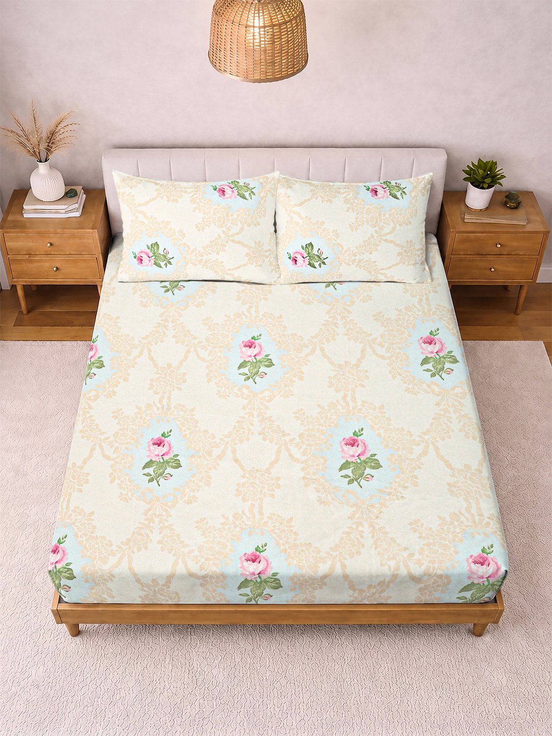 Cream Floral Cotton Blend Double Bedsheet with 2 Pillow Covers
