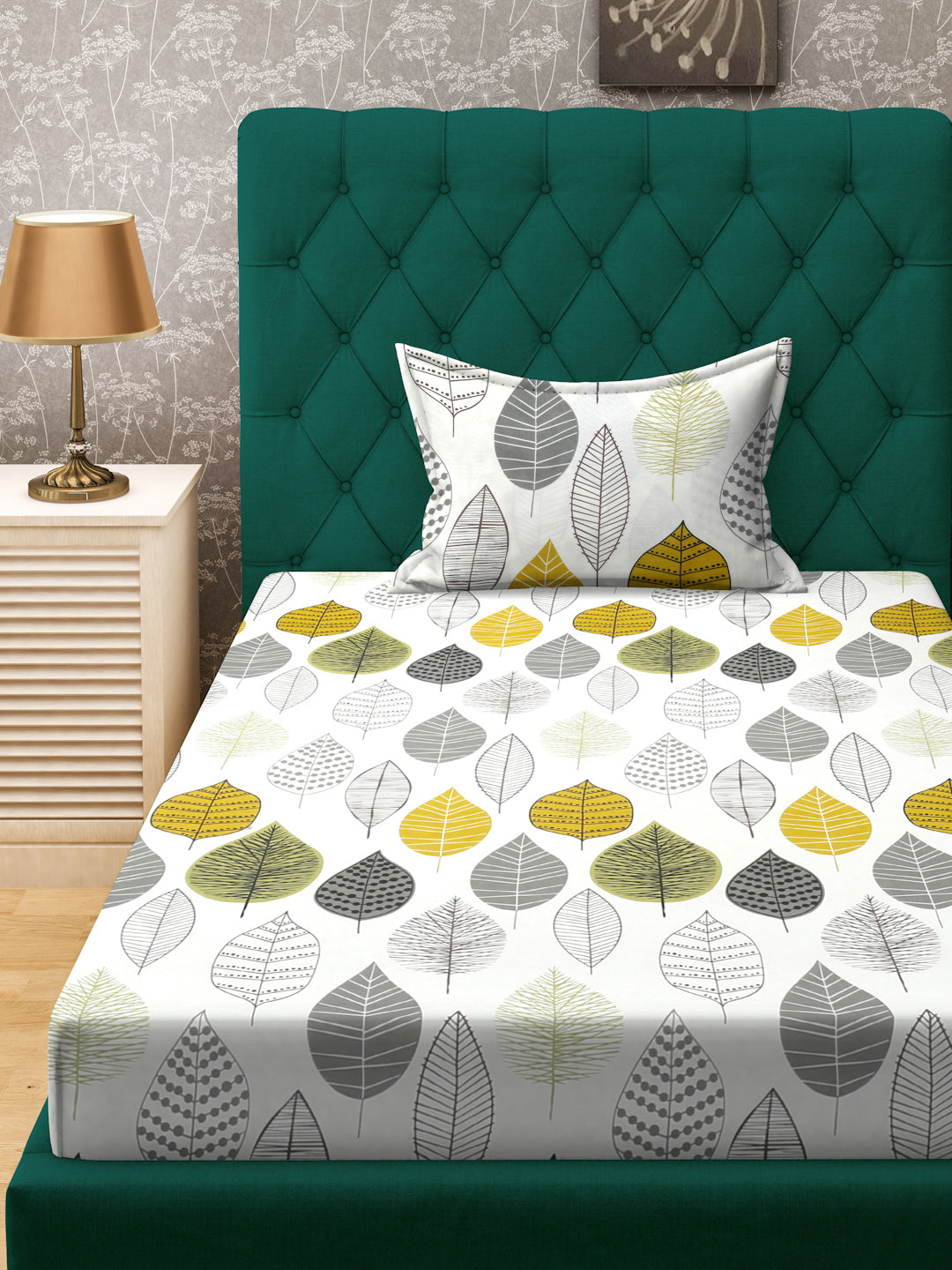 Klotthe Cream Floral 300 TC Cotton Blend Single Bedsheet with Pillow Cover