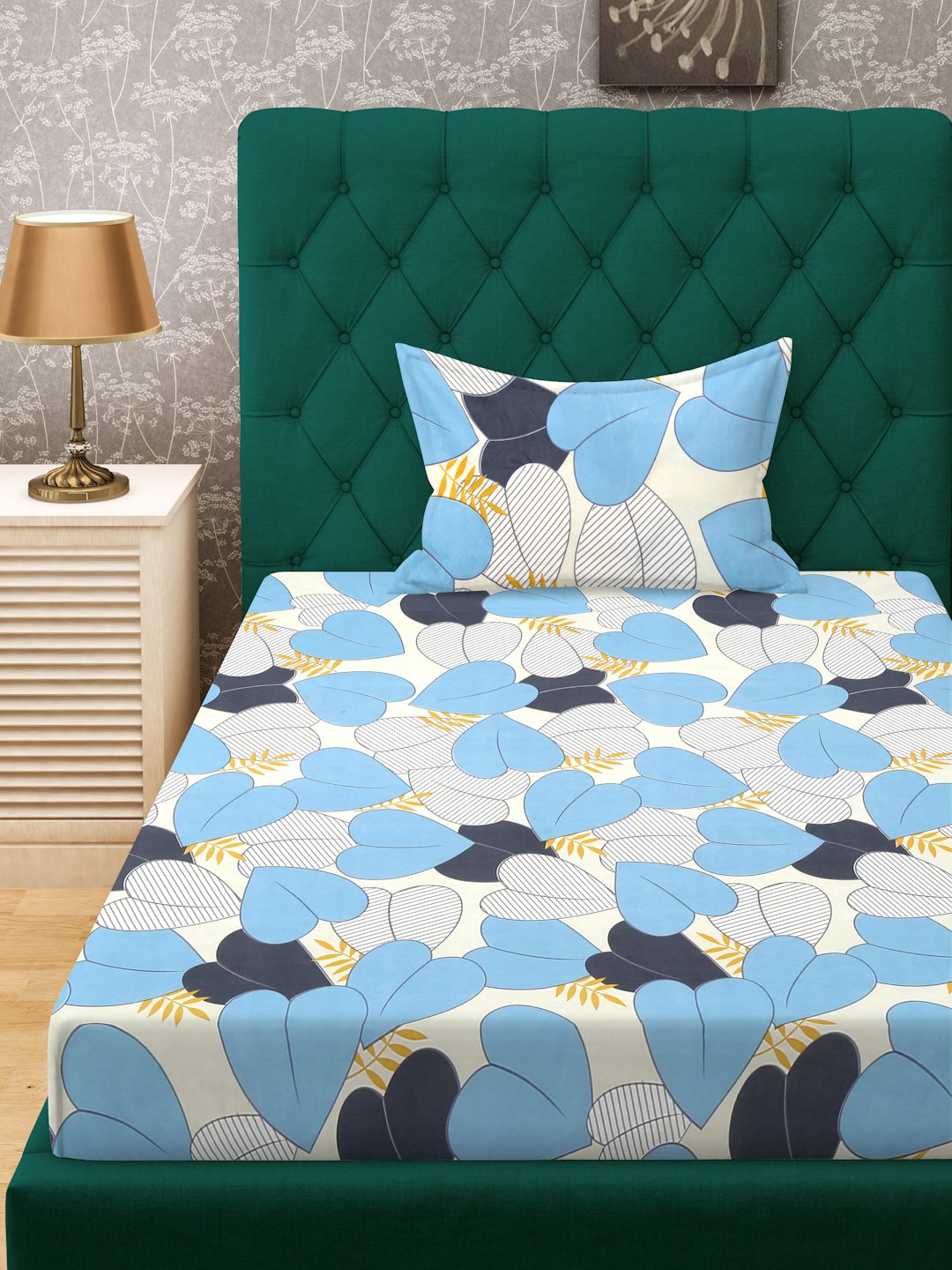 Blue Floral 300 TC Cotton Blend Fitted Single Bedsheet Set in Book Fold Packing