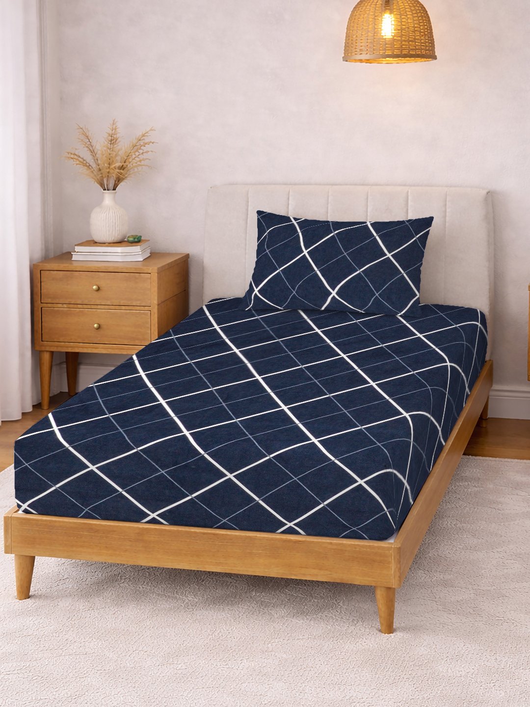Blue Geometric Cotton Blend Fitted Single Bedsheet with Pillow Cover