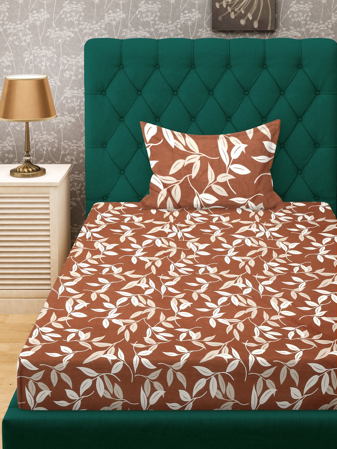 Brown Floral 300 TC Cotton Blend Single Bedsheet Set in Book Fold Packing