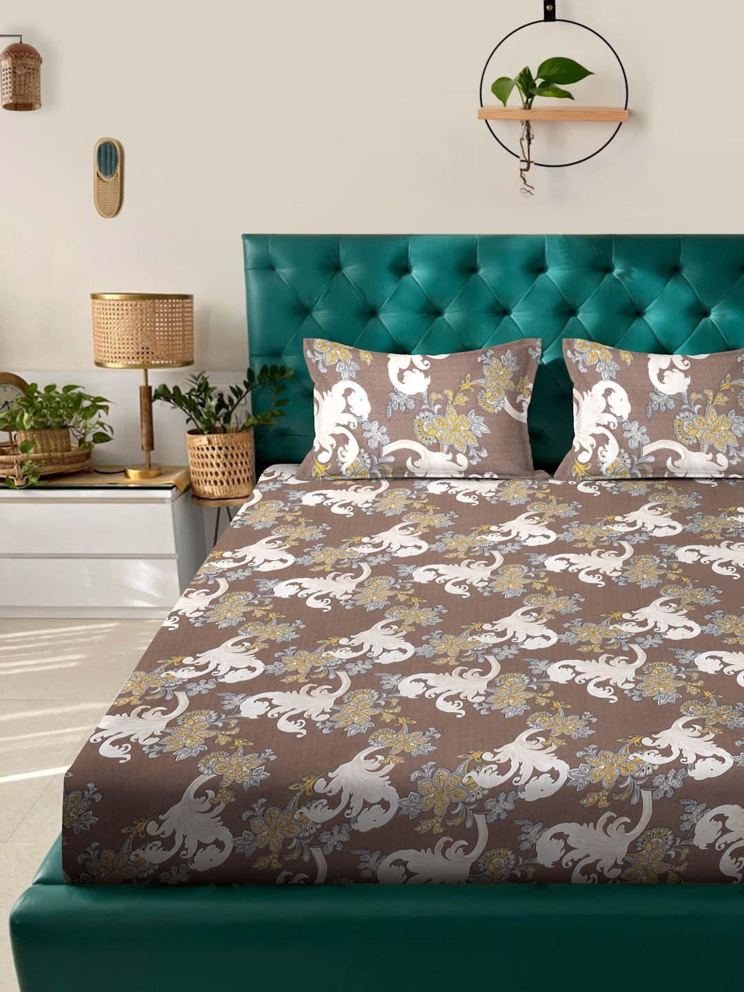 Brown Floral 300 TC Cotton Blend Double Bedsheet with 2 Pillow Covers